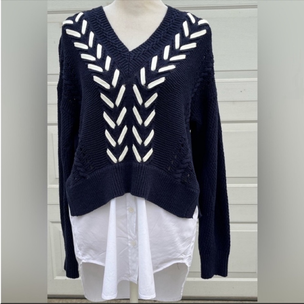 Women's Veronica Beard Edwin mix media sweater blue/white v-neck size S